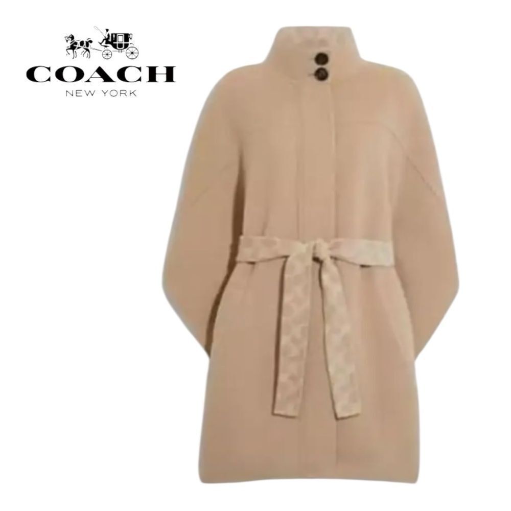 New Coach Camel Wool Blend Belted Cape Coat Monogram Elegant Wrap Poncho XS / S